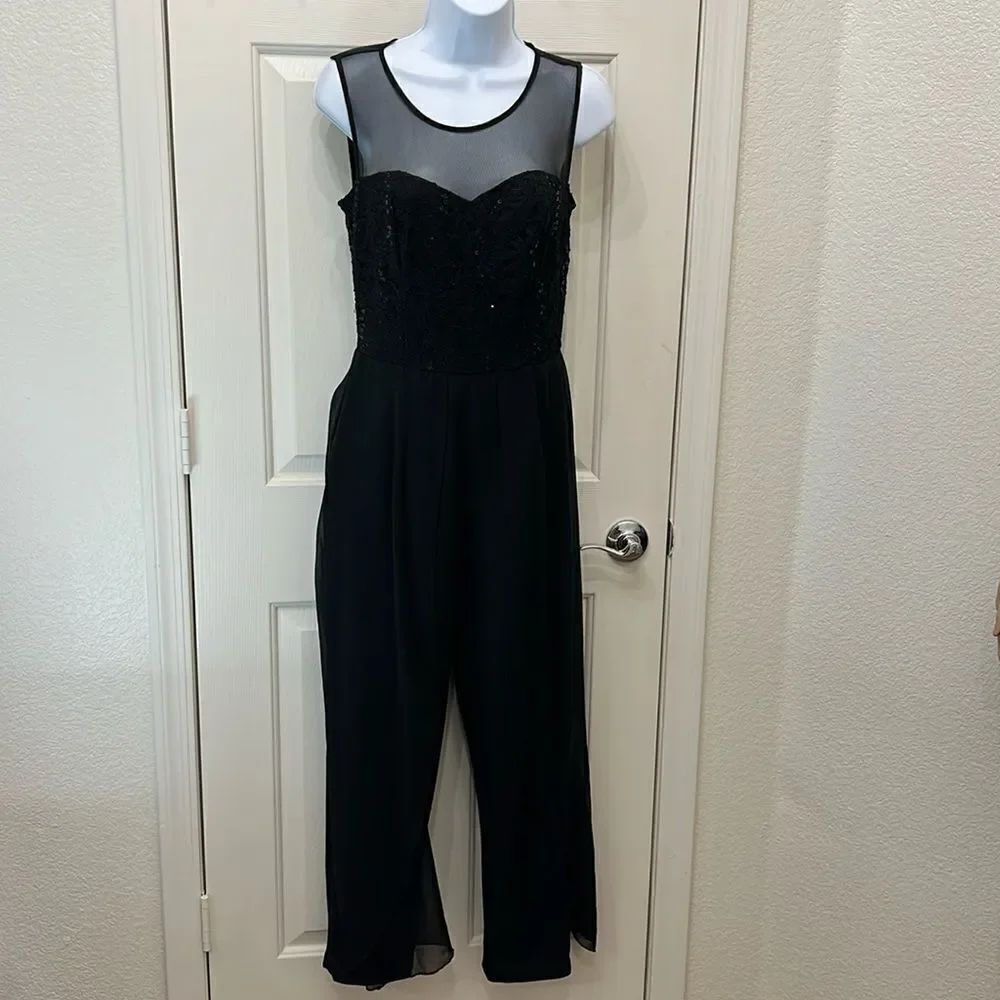 Alex B Nites Jumpsuit Romper Sz 4 Lace Floral Sequins Sheer Scarf Legs Formal